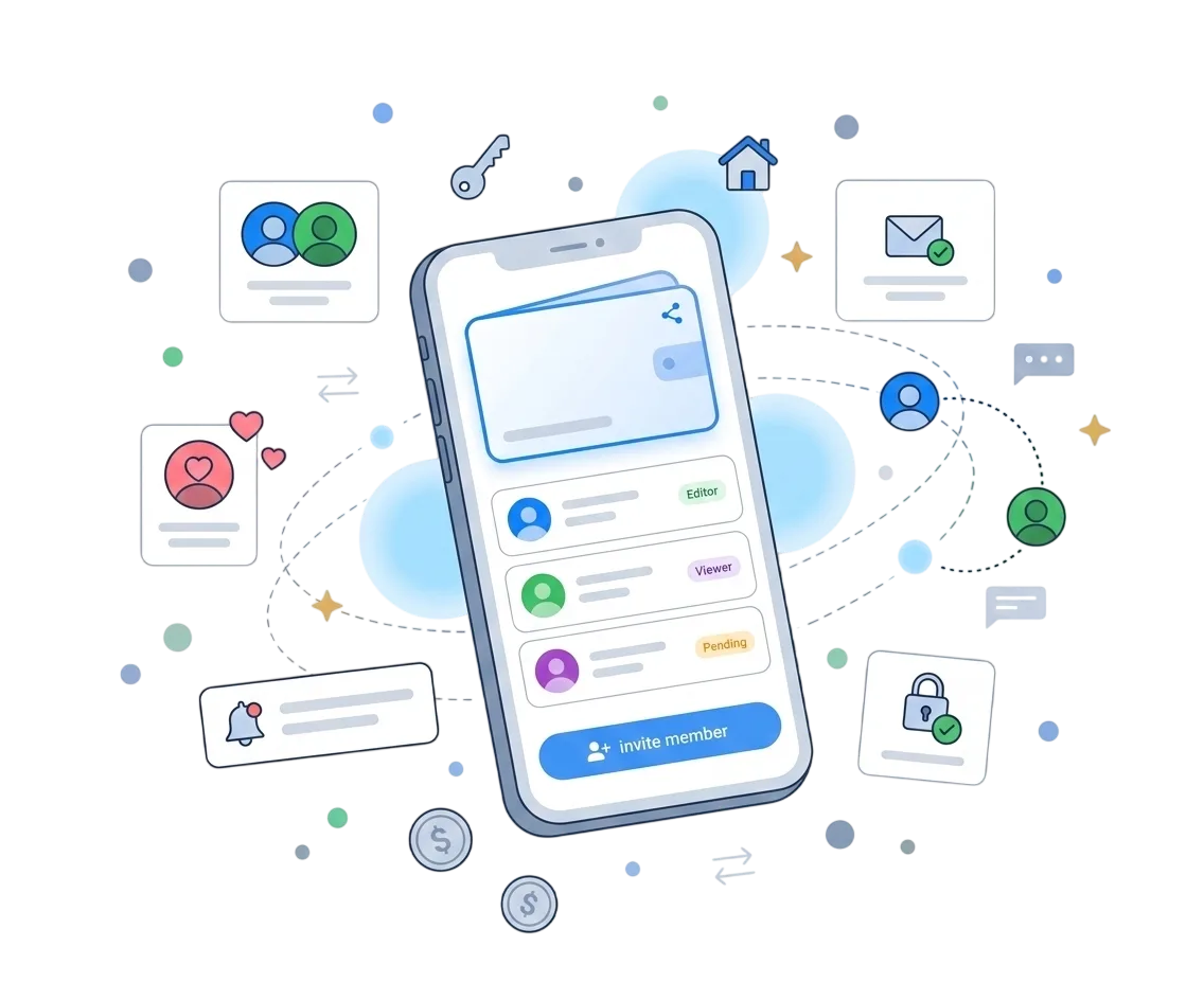 Waget shared wallet screen showing members and an invite button on a phone